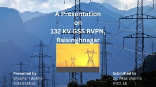 Presented by
Shubham Bishnoi
20EEBEE028
Submitted to
Dr. Vikas Sharma
HOD, EE
A Presentation
on
132 KV GSS RVPN,
Raisinghnagar
 