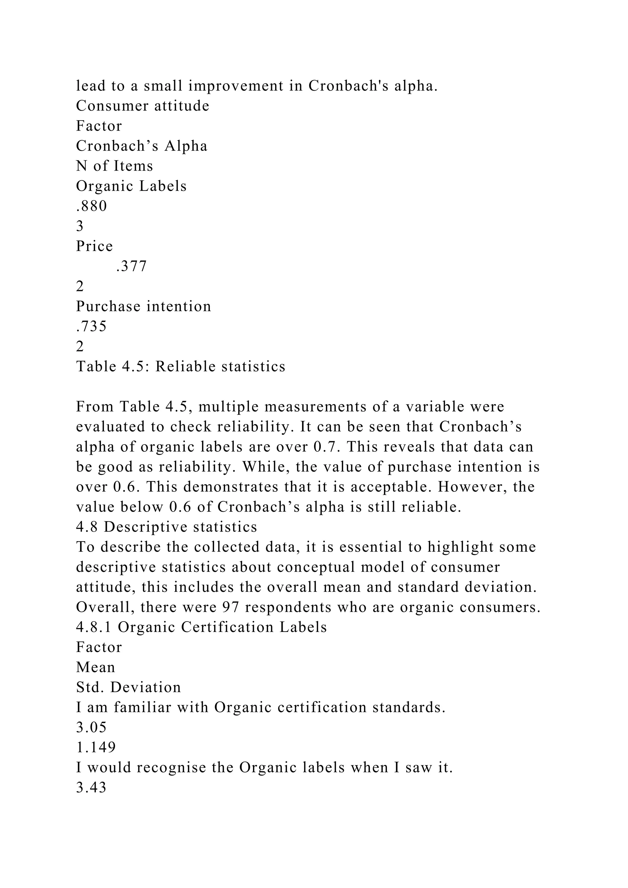 lead to a small improvement in Cronbach's alpha.
Consumer attitude
Factor
Cronbach’s Alpha
N of Items
Organic Labels
.880
3
Price
.377
2
Purchase intention
.735
2
Table 4.5: Reliable statistics
From Table 4.5, multiple measurements of a variable were
evaluated to check reliability. It can be seen that Cronbach’s
alpha of organic labels are over 0.7. This reveals that data can
be good as reliability. While, the value of purchase intention is
over 0.6. This demonstrates that it is acceptable. However, the
value below 0.6 of Cronbach’s alpha is still reliable.
4.8 Descriptive statistics
To describe the collected data, it is essential to highlight some
descriptive statistics about conceptual model of consumer
attitude, this includes the overall mean and standard deviation.
Overall, there were 97 respondents who are organic consumers.
4.8.1 Organic Certification Labels
Factor
Mean
Std. Deviation
I am familiar with Organic certification standards.
3.05
1.149
I would recognise the Organic labels when I saw it.
3.43
 