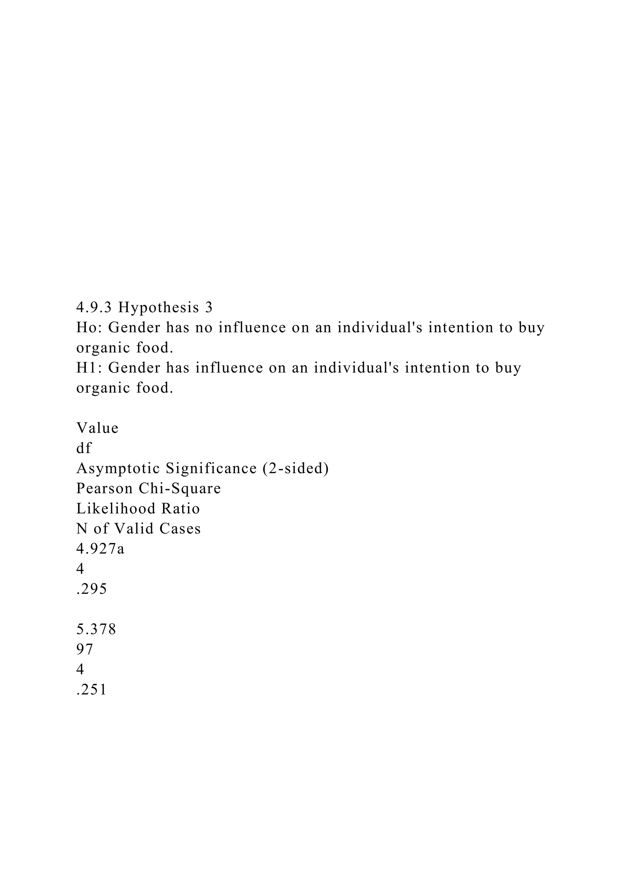 4.9.3 Hypothesis 3
Ho: Gender has no influence on an individual's intention to buy
organic food.
H1: Gender has influence on an individual's intention to buy
organic food.
Value
df
Asymptotic Significance (2-sided)
Pearson Chi-Square
Likelihood Ratio
N of Valid Cases
4.927a
4
.295
5.378
97
4
.251
 