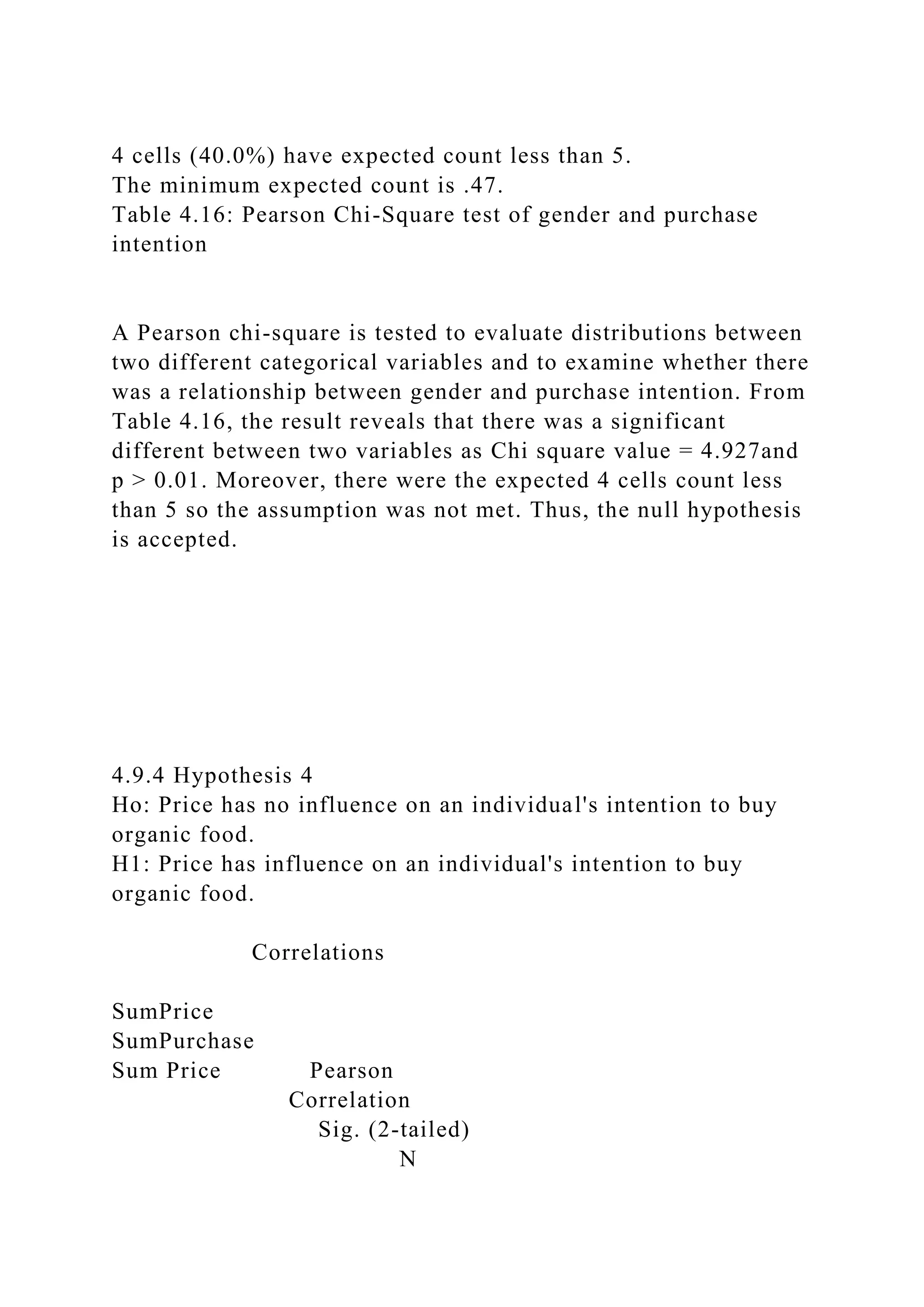 4 cells (40.0%) have expected count less than 5.
The minimum expected count is .47.
Table 4.16: Pearson Chi-Square test of gender and purchase
intention
A Pearson chi-square is tested to evaluate distributions between
two different categorical variables and to examine whether there
was a relationship between gender and purchase intention. From
Table 4.16, the result reveals that there was a significant
different between two variables as Chi square value = 4.927and
p > 0.01. Moreover, there were the expected 4 cells count less
than 5 so the assumption was not met. Thus, the null hypothesis
is accepted.
4.9.4 Hypothesis 4
Ho: Price has no influence on an individual's intention to buy
organic food.
H1: Price has influence on an individual's intention to buy
organic food.
Correlations
SumPrice
SumPurchase
Sum Price Pearson
Correlation
Sig. (2-tailed)
N
 