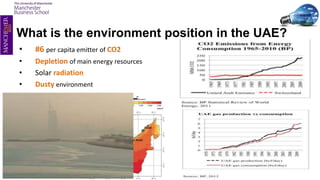 What is the environment position in the UAE?
• #6 per capita emitter of CO2
• Depletion of main energy resources
• Solar radiation
• Dusty environment
 