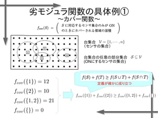 劣モジュラ関数の具体例①
〜カバー関数〜
台集合
（センサの集合）
台集合の任意の部分集合
(ONにするセンサの集合)
定義が確かに成り立つ
 