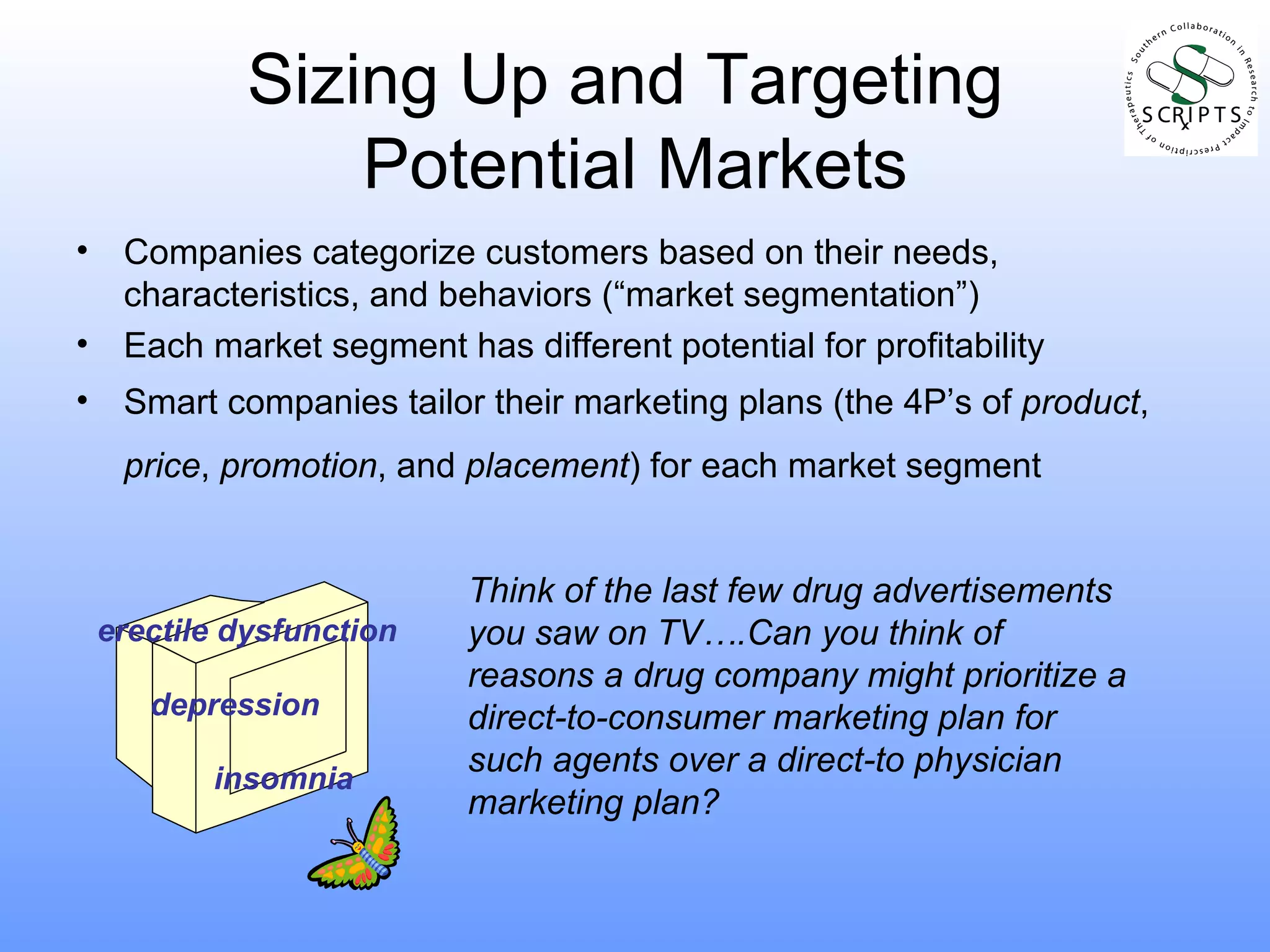Sizing Up and Targeting  Potential Markets Companies categorize customers based on their needs, characteristics, and behaviors (“market segmentation”) Each market segment has different potential for profitability  Smart companies tailor their marketing plans (the 4P’s of  product ,  price ,  promotion , and  placement ) for each market segment  Think of the last few drug advertisements you saw on TV….Can you think of reasons a drug company might prioritize a direct-to-consumer marketing plan for such agents over a direct-to physician marketing plan?   erectile dysfunction depression insomnia 