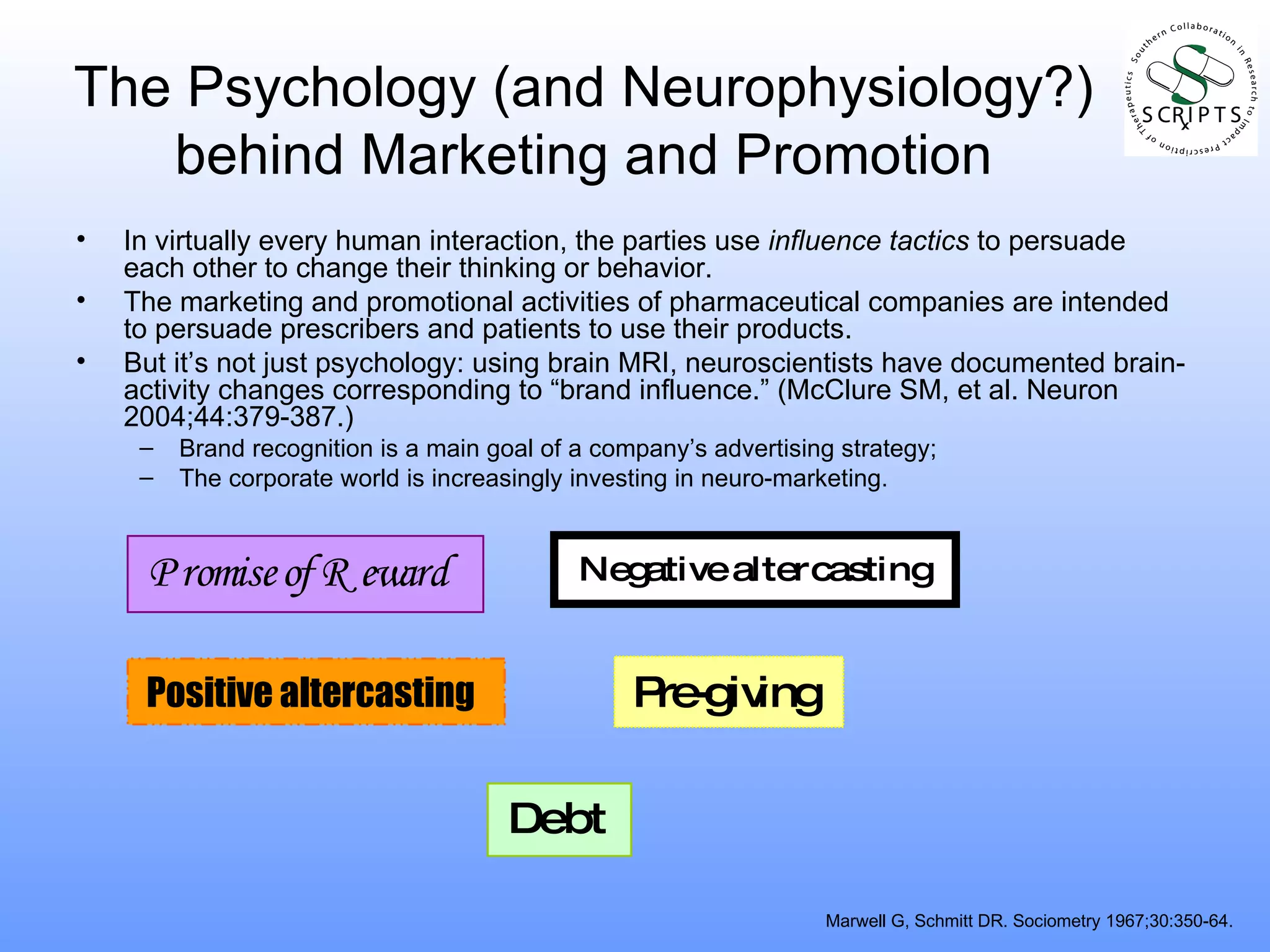 The Psychology (and Neurophysiology?) behind Marketing and Promotion In virtually every human interaction, the parties use  influence tactics  to persuade each other to change their thinking or behavior. The marketing and promotional activities of pharmaceutical companies are intended to persuade prescribers and patients to use their products. But it’s not just psychology: using brain MRI, neuroscientists have documented brain-activity changes corresponding to “brand influence.” (McClure SM, et al. Neuron 2004;44:379-387.) Brand recognition is a main goal of a company’s advertising strategy; The corporate world is increasingly investing in neuro-marketing. Marwell G, Schmitt DR. Sociometry 1967;30:350-64. 