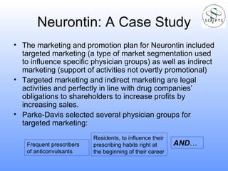Neurontin: A Case Study <ul><li>The marketing and promotion plan for Neurontin included targeted marketing (a type of mark...