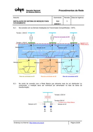 Procedimentos de Rede
Assunto Submódulo Revisão Data de Vigência
INSTALAÇÃO DE SISTEMA DE MEDIÇÃO PARA
FATURAMENTO
12.2
ANEXO 1
1
Endereço na Internet: http://www.ons.org.br Página 22/29
6.2 - Na conexão com as Demais Instalações de Transmissão Compartilhadas – DITC.
6.3 - No ponto de conexão com a Rede Básica que alimenta mais de um distribuidor ou
consumidor, a medição deve ser individual por alimentador no lado de baixa da
transformação.
D1 D2
Medição de D1
Fronteira com a Rede Básica
Tensão ≥ 230 kV
Tensão<230 kV
Medição de D2
Medição de D2
Fronteira com
a Rede Básica
Tensão ‡ 230 kV
Tensão < 230 kV
Medição de D1
Demais Instalações de Transmissão Compartilhadas - DITC
D1 D2 D3
Medição de D3
Área de concessão de D1 Área de concessão de D2 Área de concessão de D3
Área de concessão de D4
Medição de D1 Medição de D4 Medição de D3
DITC
 