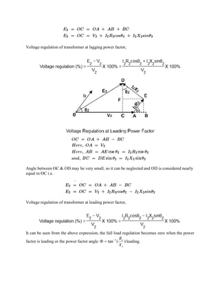 Voltage regulation of transformer at lagging power factor,
Angle between OC & OD may be very small, so it can be neglected and OD is considered nearly
equal to OC i.e.
Voltage regulation of transformer at leading power factor,
It can be seen from the above expression, the full load regulation becomes zero when the power
factor is leading or the power factor angle )(tan 1
e
e
X
R-
=F leading.
 