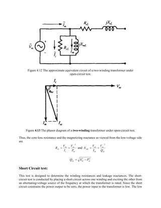Figure 4.12 The approximate equivalent circuit of a two-winding transformer under
open-circuit test.
Figure 4.13 The phasor diagram of a two-winding transformer under open-circuit test.
Thus, the core-loss resistance and the magnetizing reactance as viewed from the low-voltage side
are
oc
oc
c
oc
cL
P
V
I
V
R
2
== and
oc
oc
m
oc
mL
Q
V
I
V
X
2
==
22
ocococ PSQ -=
Short Circuit test:
This test is designed to determine the winding resistances and leakage reactances. The short-
circuit test is conducted by placing a short circuit across one winding and exciting the other from
an alternating-voltage source of the frequency at which the transformer is rated. Since the short
circuit constrains the power output to be zero, the power input to the transformer is low. The low
 