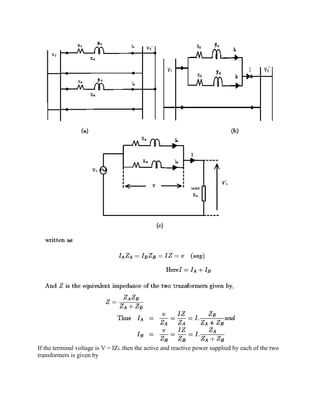 If the terminal voltage is V = IZL then the active and reactive power supplied by each of the two
transformers is given by
 