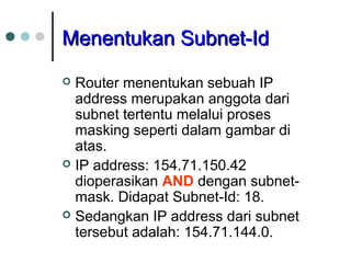 MMeenneennttuukkaann SSuubbnneett--IIdd 
 Router menentukan sebuah IP 
address merupakan anggota dari 
subnet tertentu melalui proses 
masking seperti dalam gambar di 
atas. 
 IP address: 154.71.150.42 
dioperasikan AND dengan subnet-mask. 
Didapat Subnet-Id: 18. 
 Sedangkan IP address dari subnet 
tersebut adalah: 154.71.144.0. 
 
