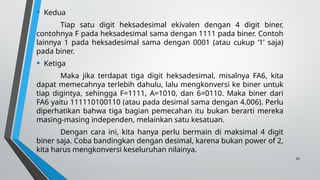 29
• Kedua
Tiap satu digit heksadesimal ekivalen dengan 4 digit biner,
contohnya F pada heksadesimal sama dengan 1111 pada biner. Contoh
lainnya 1 pada heksadesimal sama dengan 0001 (atau cukup ‘1’ saja)
pada biner.
• Ketiga
Maka jika terdapat tiga digit heksadesimal, misalnya FA6, kita
dapat memecahnya terlebih dahulu, lalu mengkonversi ke biner untuk
tiap digintya, sehingga F=1111, A=1010, dan 6=0110. Maka biner dari
FA6 yaitu 111110100110 (atau pada desimal sama dengan 4.006). Perlu
diperhatikan bahwa tiga bagian pemecahan itu bukan berarti mereka
masing-masing independen, melainkan satu kesatuan.
Dengan cara ini, kita hanya perlu bermain di maksimal 4 digit
biner saja. Coba bandingkan dengan desimal, karena bukan power of 2,
kita harus mengkonversi keseluruhan nilainya.
 