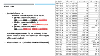 Rumus FLSM
1. Jumlah Subnet = 2^x,
dimana x adalah banyaknya binari 1 pada
 (1 oktet terakhir untuk kelas C)
(11111111.11111111.11111111.00000000)
 (2 oktet terakhir untuk kelas B)
(11111111.11111111. .00000000.00000000)
 (3 oktet terakhir untuk kelas A)
(11111111.00000000. .00000000.00000000)
2. Jumlah Host per Subnet = 2^y – 2, dimana y adalah
adalah kebalikan dari x yaitu banyaknya binari 0 pada
oktet terakhir subnet.
3. Blok Subnet = 256 – (nilai oktet terakhir subnet mask)
 