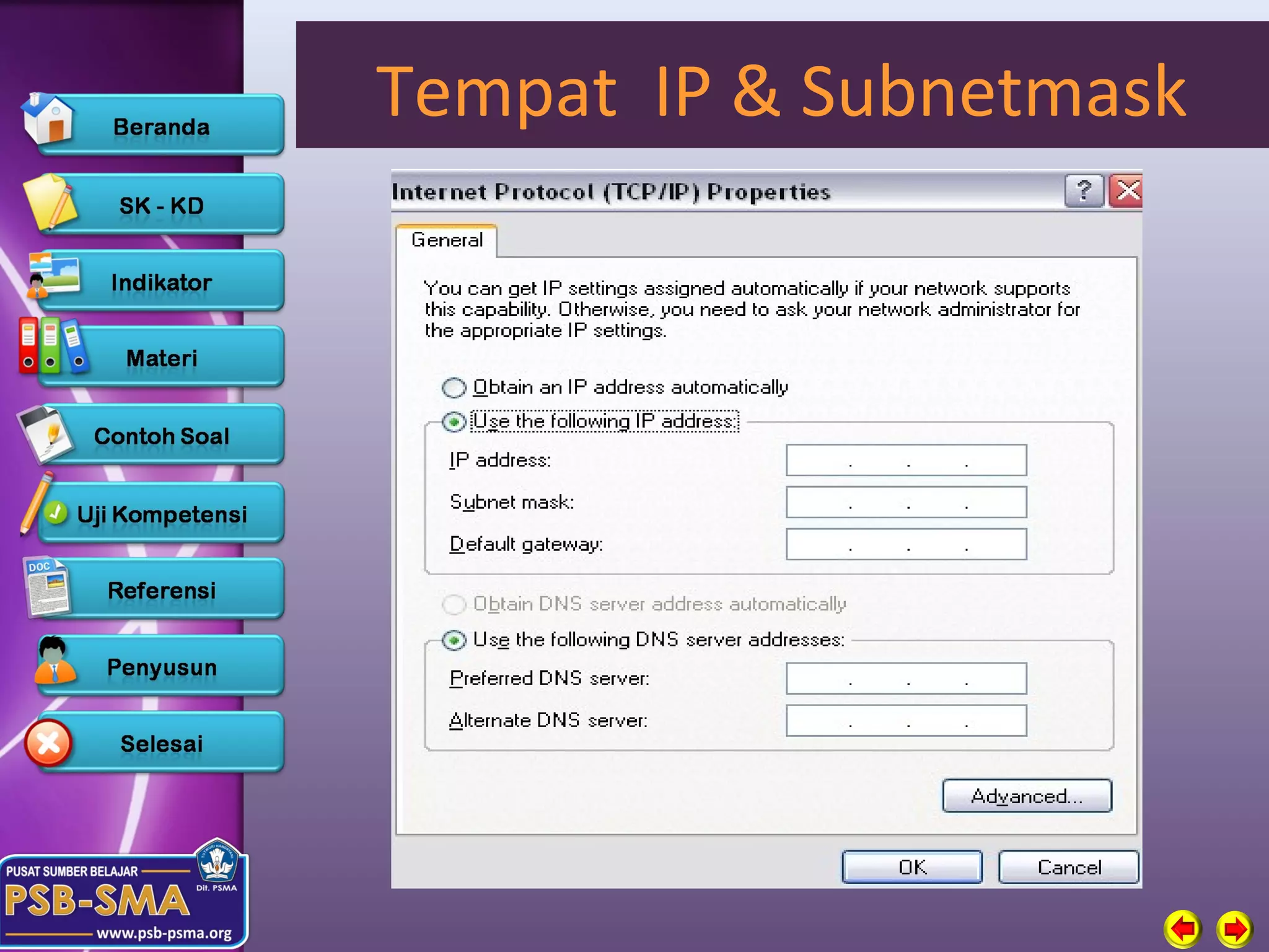 Tempat IP & Subnetmask
 