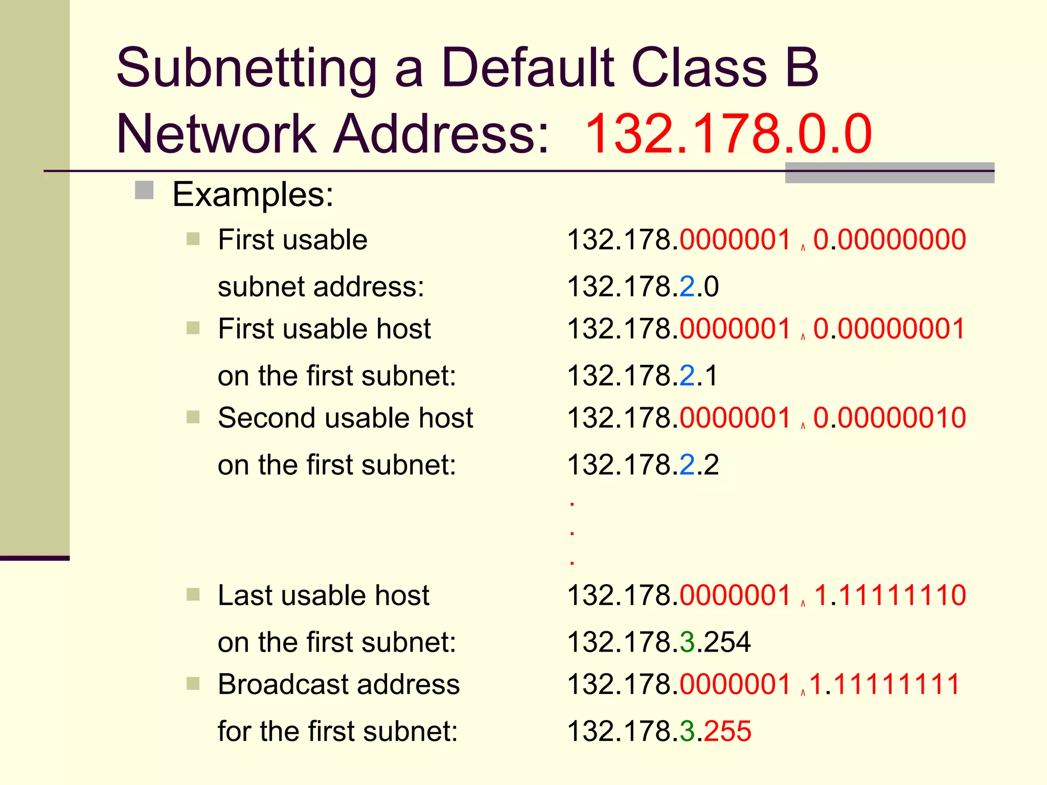 Subnetting a Default Class B
Network Address: 132.178.0.0
 Examples:
 First usable 132.178.0000001 ^ 0.00000000
subnet address: 132.178.2.0
 First usable host 132.178.0000001 ^ 0.00000001
on the first subnet: 132.178.2.1
 Second usable host 132.178.0000001 ^ 0.00000010
on the first subnet: 132.178.2.2
.
.
.
 Last usable host 132.178.0000001 ^ 1.11111110
on the first subnet: 132.178.3.254
 Broadcast address 132.178.0000001 ^1.11111111
for the first subnet: 132.178.3.255
 