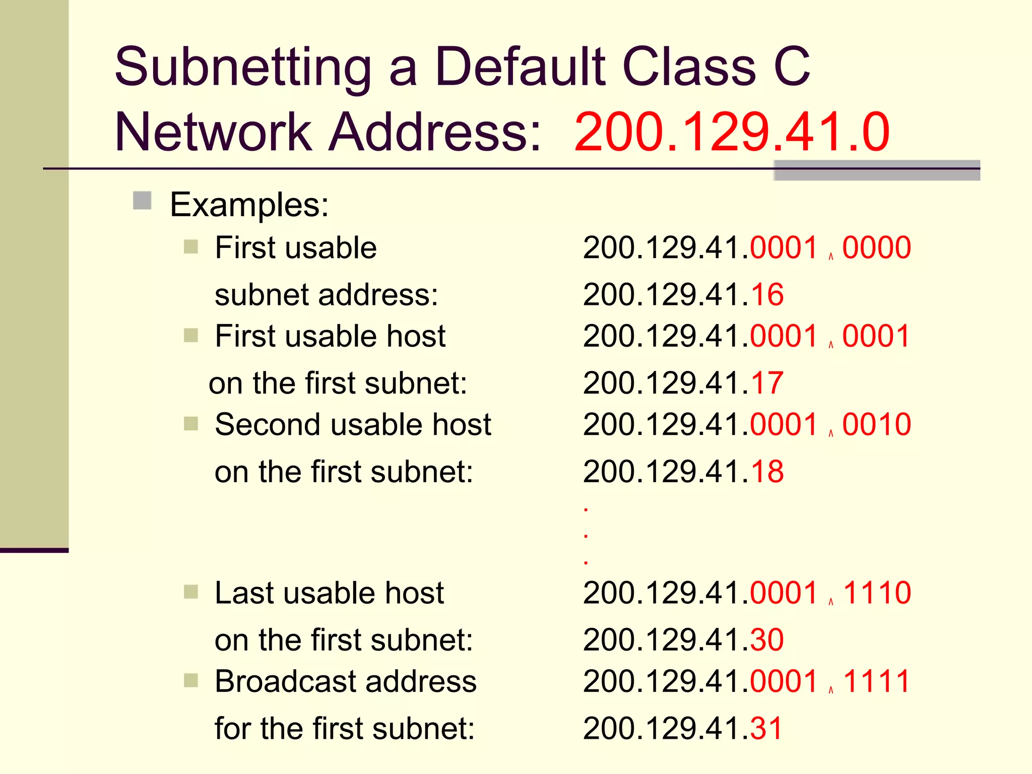 Subnetting a Default Class C
Network Address: 200.129.41.0
 Examples:
 First usable 200.129.41.0001 ^ 0000
subnet address: 200.129.41.16
 First usable host 200.129.41.0001 ^ 0001
on the first subnet: 200.129.41.17
 Second usable host 200.129.41.0001 ^ 0010
on the first subnet: 200.129.41.18
.
.
.
 Last usable host 200.129.41.0001 ^ 1110
on the first subnet: 200.129.41.30
 Broadcast address 200.129.41.0001 ^ 1111
for the first subnet: 200.129.41.31
 