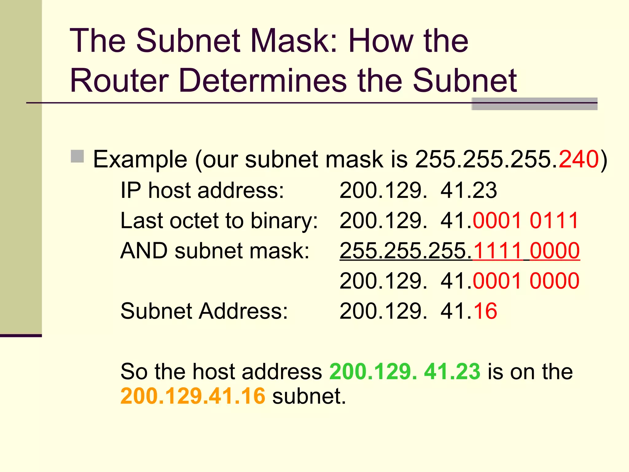 The Subnet Mask: How the
Router Determines the Subnet
 Example (our subnet mask is 255.255.255.240)
IP host address: 200.129. 41.23
Last octet to binary: 200.129. 41.0001 0111
AND subnet mask: 255.255.255.1111 0000
200.129. 41.0001 0000
Subnet Address: 200.129. 41.16
So the host address 200.129. 41.23 is on the
200.129.41.16 subnet.
 