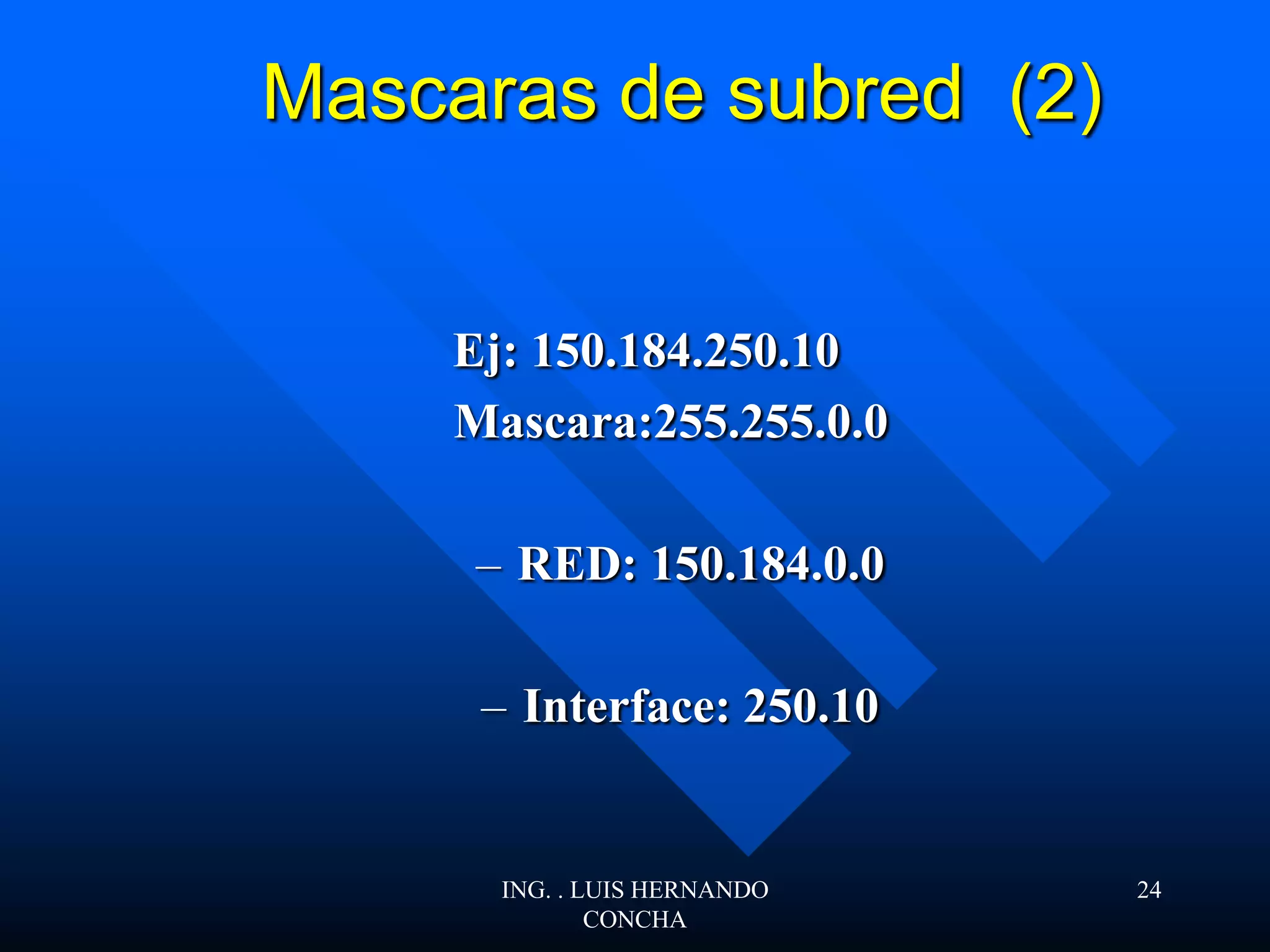 Mascaras de subred (2)
Ej: 150.184.250.10
Mascara:255.255.0.0
– RED: 150.184.0.0
– Interface: 250.10
ING. . LUIS HERNANDO
CONCHA
24
 