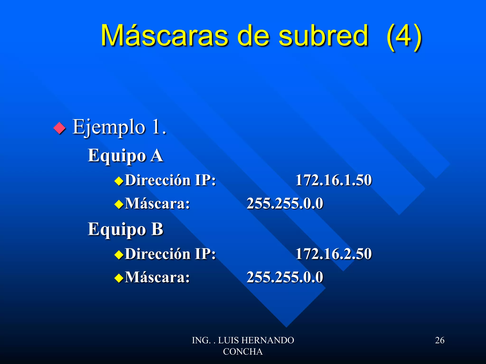 Máscaras de subred (4)
 Ejemplo 1.
Equipo A
Dirección IP: 172.16.1.50
Máscara: 255.255.0.0
Equipo B
Dirección IP: 172.16.2.50
Máscara: 255.255.0.0
ING. . LUIS HERNANDO
CONCHA
26
 