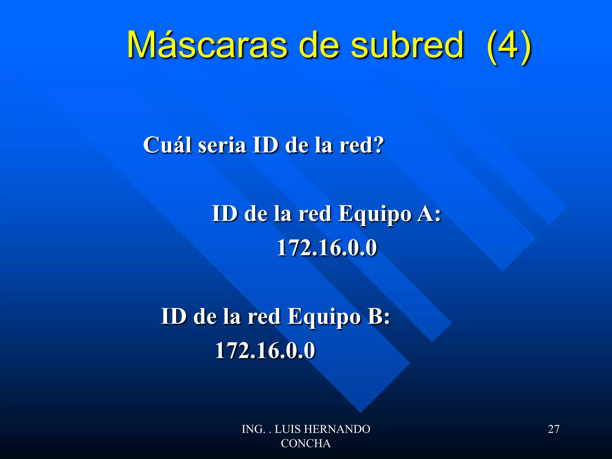Máscaras de subred (4)
Cuál seria ID de la red?
ID de la red Equipo A:
172.16.0.0
ID de la red Equipo B:
172.16.0.0
ING. . LUIS HERNANDO
CONCHA
27
 