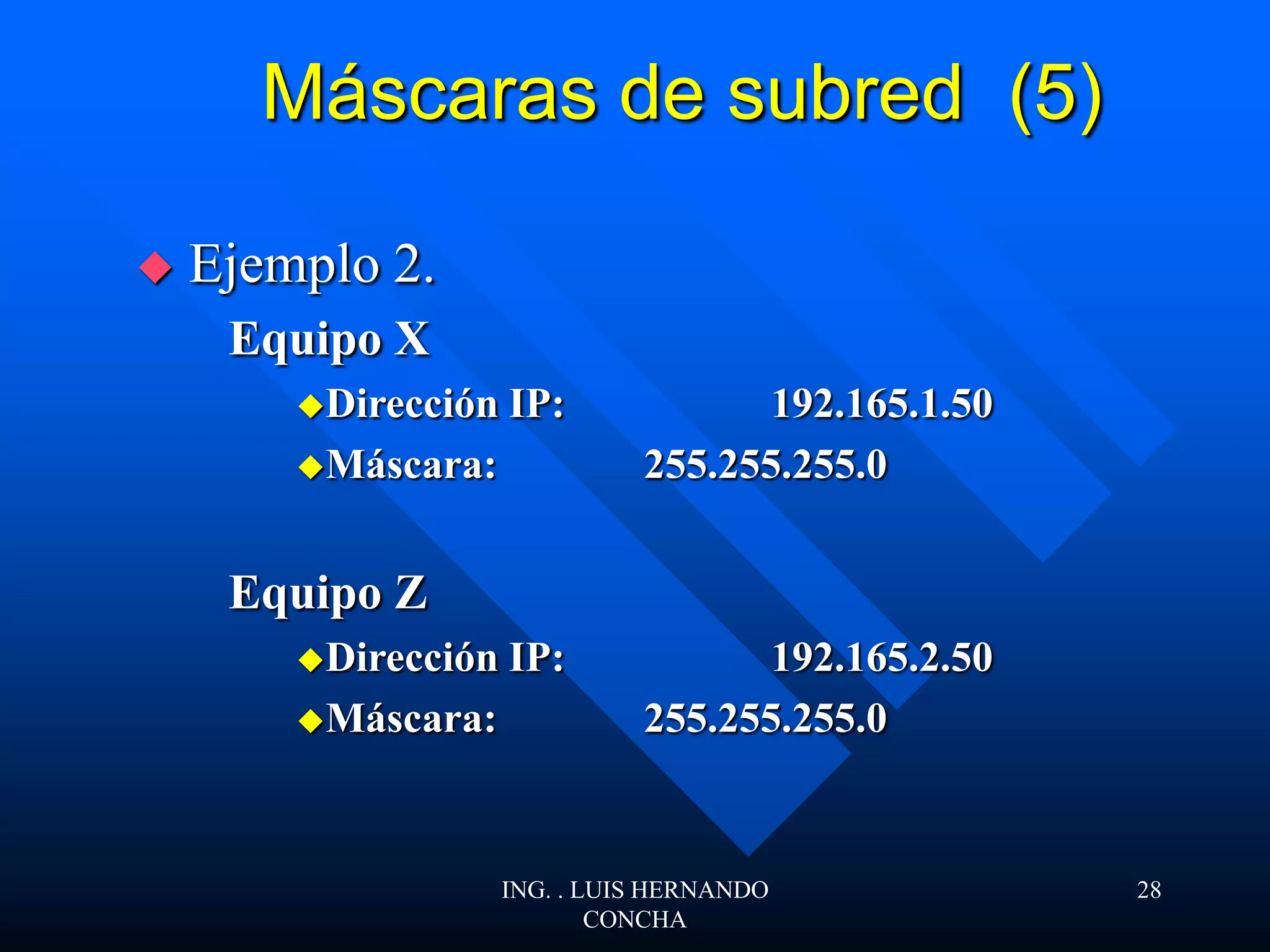 Máscaras de subred (5)
 Ejemplo 2.
Equipo X
Dirección IP: 192.165.1.50
Máscara: 255.255.255.0
Equipo Z
Dirección IP: 192.165.2.50
Máscara: 255.255.255.0
ING. . LUIS HERNANDO
CONCHA
28
 