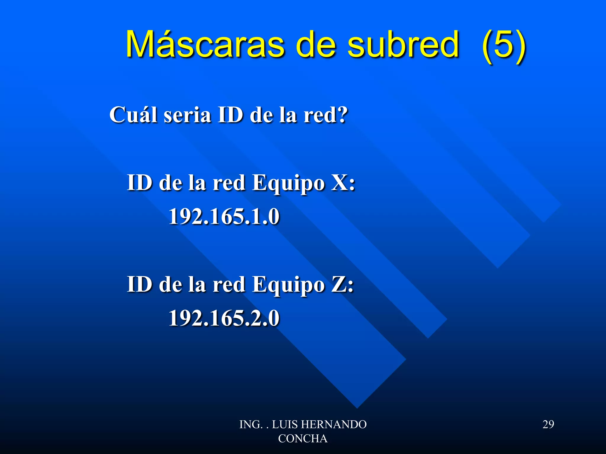 Máscaras de subred (5)
Cuál seria ID de la red?
ID de la red Equipo X:
192.165.1.0
ID de la red Equipo Z:
192.165.2.0
ING. . LUIS HERNANDO
CONCHA
29
 