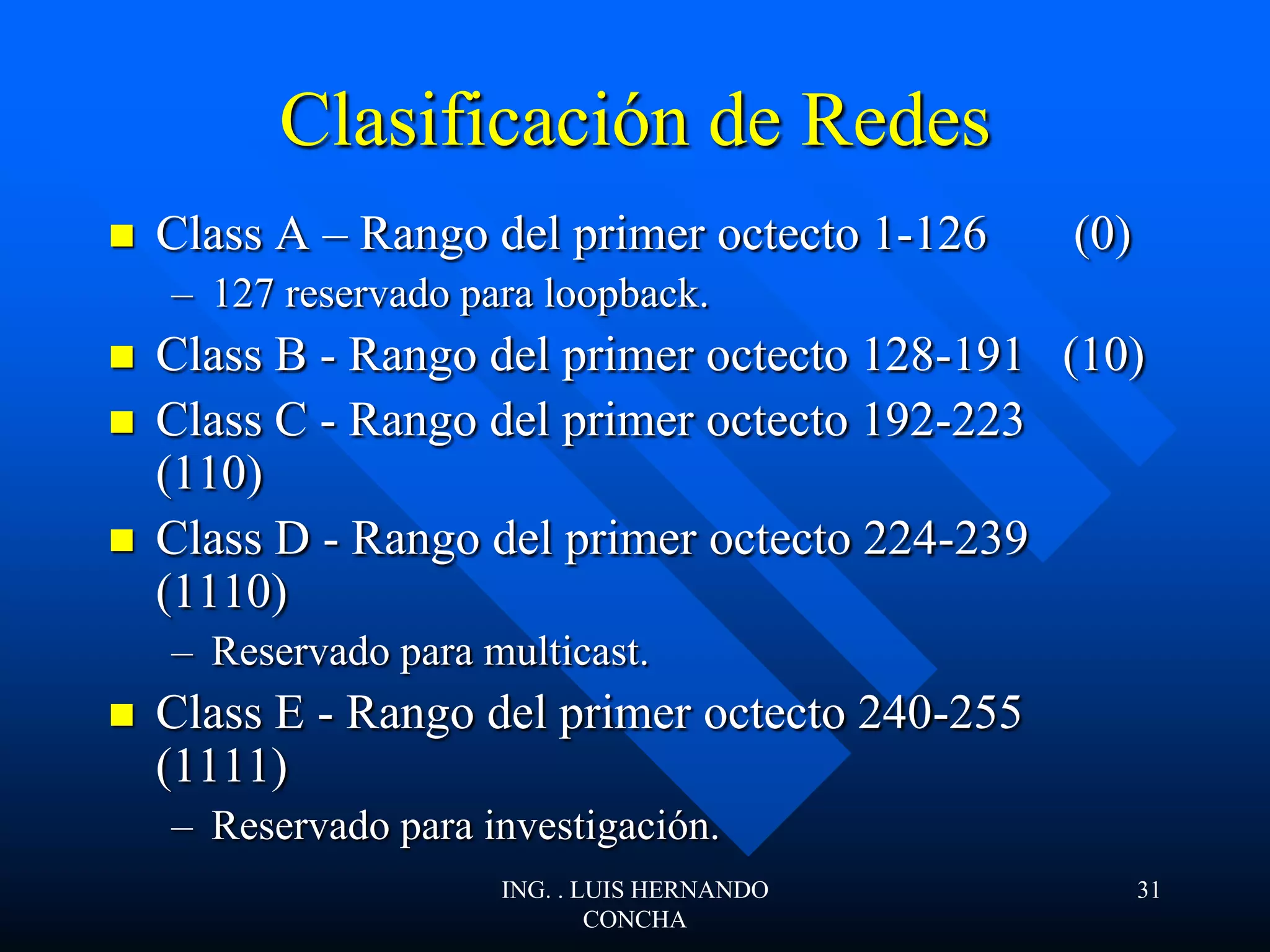 Clasificación de Redes
 Class A – Rango del primer octecto 1-126 (0)
– 127 reservado para loopback.
 Class B - Rango del primer octecto 128-191 (10)
 Class C - Rango del primer octecto 192-223
(110)
 Class D - Rango del primer octecto 224-239
(1110)
– Reservado para multicast.
 Class E - Rango del primer octecto 240-255
(1111)
– Reservado para investigación.
ING. . LUIS HERNANDO
CONCHA
31
 