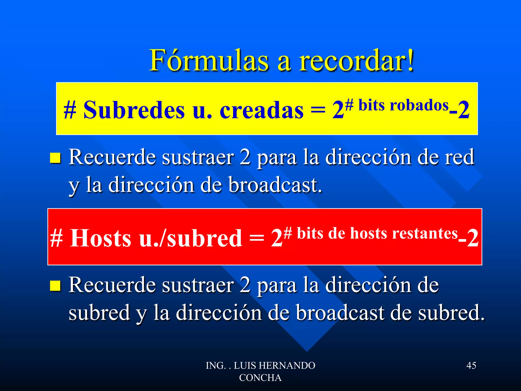  Recuerde sustraer 2 para la dirección de red
y la dirección de broadcast.
 Recuerde sustraer 2 para la dirección de
subred y la dirección de broadcast de subred.
Fórmulas a recordar!
# Subredes u. creadas = 2# bits robados-2
# Hosts u./subred = 2# bits de hosts restantes-2
ING. . LUIS HERNANDO
CONCHA
45
 