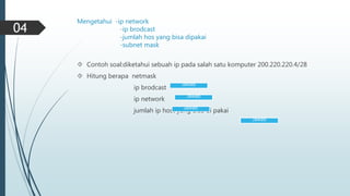Mengetahui -ip network 
-ip brodcast 
-jumlah hos yang bisa dipakai 
-subnet mask 
 Contoh soal:diketahui sebuah ip pada salah satu komputer 200.220.220.4/28 
 Hitung berapa netmask 
Jawab 
ip brodcast 
ip network 
Jawab 
jumlah ip host yang Jawab 
bisa di pakai 
Jawab 
04 
 