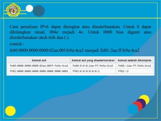 Cara penulisan IPv6 dapat disingkat atau disederhanakan. Untuk 0 dapat
dihilangkan misal, 004e mejadi 4e. Untuk 0000 bisa diganti atau
disederhanakan okeh titik dua (:).
contoh :
fe80:0000:0000:0000:02aa:00f:fe9a:4ca2 menjadi fe80::2aa:ff:fe9a:4ca2
 