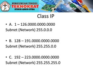 Class IP
• A. 1 – 126.0000.0000.0000
Subnet (Network) 255.0.0.0
• B. 128 – 191.0000.0000.0000
Subnet (Network) 255.255.0.0
• C. 192 – 223.0000.0000.0000
Subnet (Network) 255.255.255.0
 