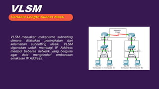 VLSM
Variable Length Subnet Mask
VLSM meruakan mekanisme subnetting
dimana dilakukan peningkatan dari
kelemahan subnetting klasik. VLSM
digunakan untuk membagi IP Address
menjadi beberaa network yang berguna
agar data menghindari emborosan
emakaian IP Address.
 