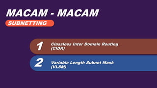 MACAM - MACAM
SUBNETTING
1
2
Classless Inter Domain Routing
(CIDR)
Variable Length Subnet Mask
(VLSM)
 