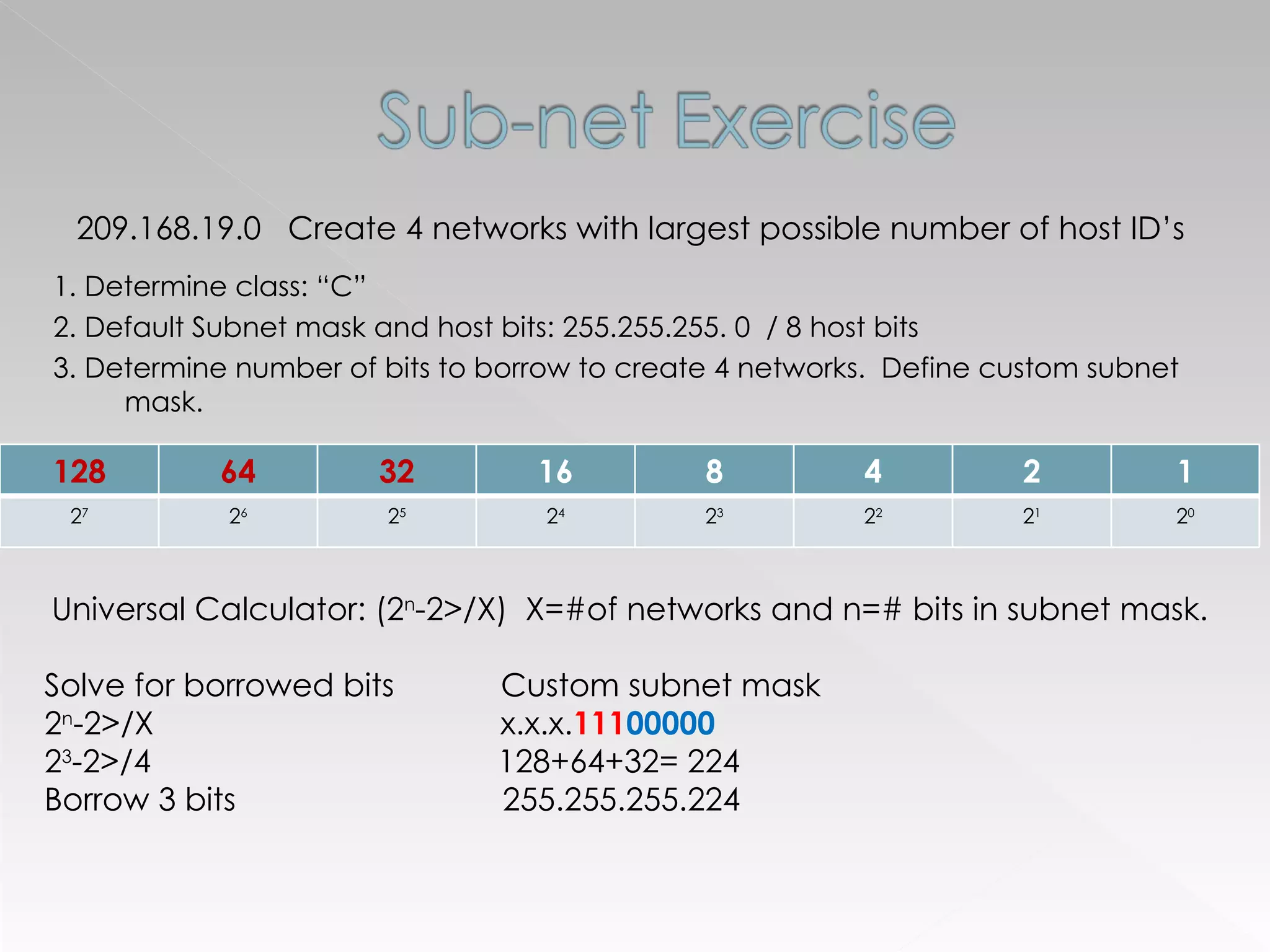 1. Determine class: “C” 2. Default Subnet mask and host bits: 255.255.255. 0  / 8 host bits 3. Determine number of bits to borrow to create 4 networks.  Define custom subnet mask. 209.168.19.0  Create 4 networks with largest possible number of host ID’s  Universal Calculator: (2 n -2>/X)  X=#of networks and n=# bits in subnet mask. Solve for borrowed bits  Custom subnet mask  2 n -2>/X  x.x.x. 111 00000   2 3 -2>/4  128+64+32= 224 Borrow 3 bits  255.255.255.224 128 64 32 16 8 4 2 1 2 7 2 6 2 5 2 4 2 3 2 2 2 1 2 0 