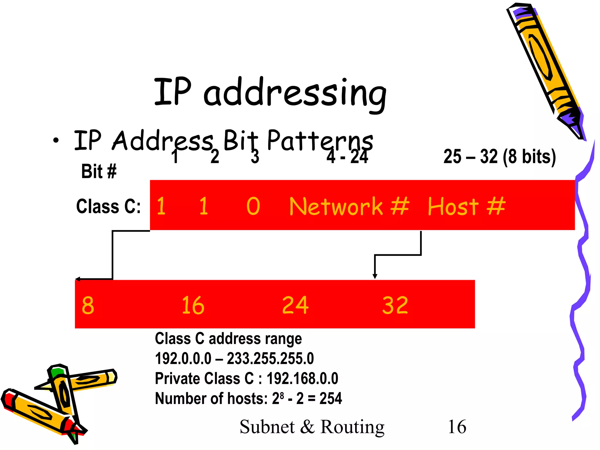 IP addressing
• IP Address2 Bit Patterns
1
3
4 - 24

25 – 32 (8 bits)

Bit #

Class C: 1

8

1

16

0

Network # Host #

24

32

Class C address range
192.0.0.0 – 233.255.255.0
Private Class C : 192.168.0.0
Number of hosts: 28 - 2 = 254

Subnet & Routing

16

 