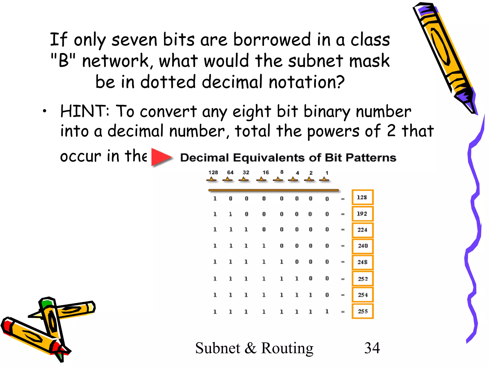 If only seven bits are borrowed in a class
"B" network, what would the subnet mask
be in dotted decimal notation?
• HINT: To convert any eight bit binary number
into a decimal number, total the powers of 2 that
occur in the number.

Subnet & Routing

34

 
