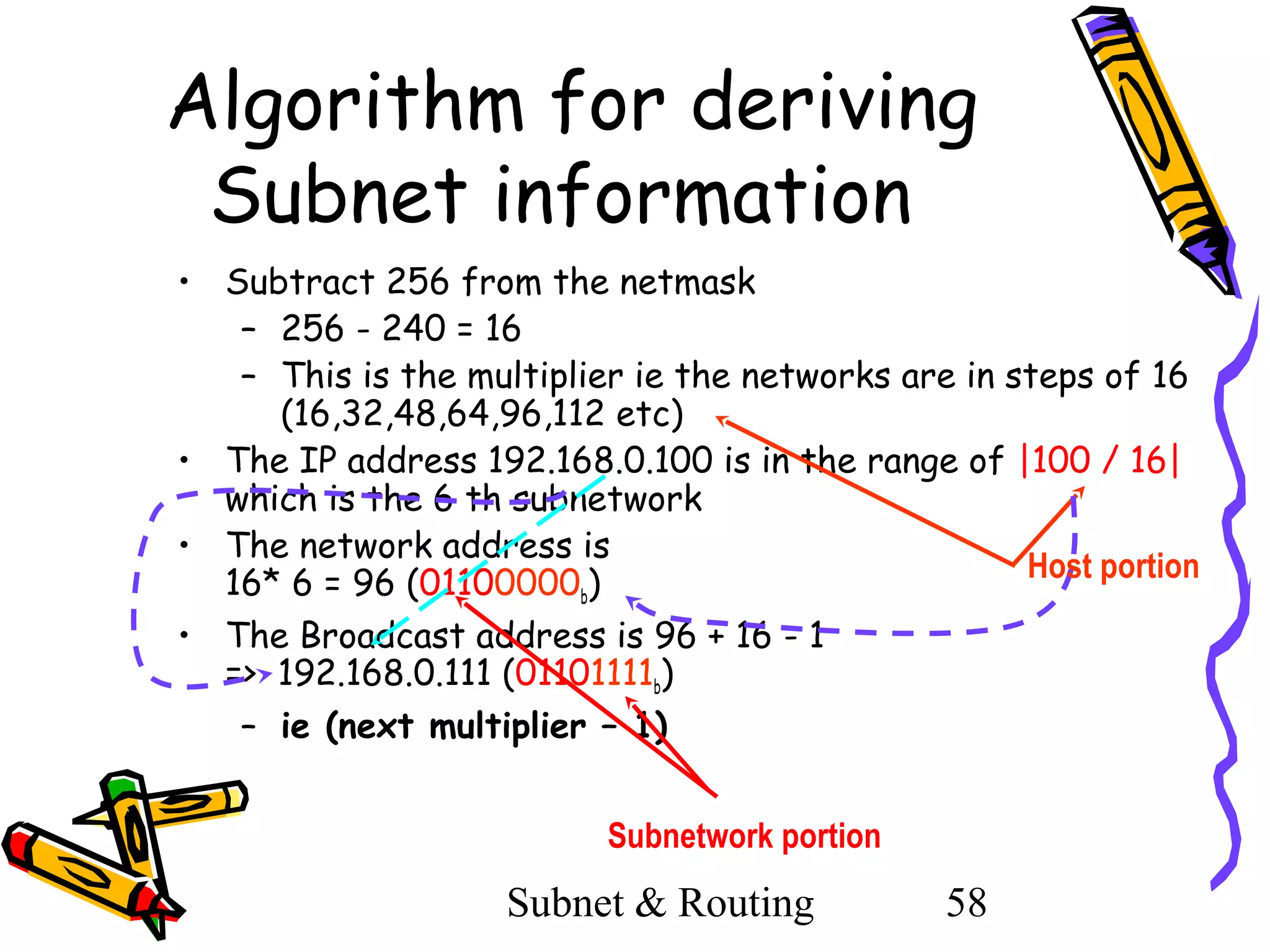 Algorithm for deriving
Subnet information
• Subtract 256 from the netmask
– 256 - 240 = 16
– This is the multiplier ie the networks are in steps of 16
(16,32,48,64,96,112 etc)
• The IP address 192.168.0.100 is in the range of |100 / 16|
which is the 6 th subnetwork
• The network address is
Host portion
16* 6 = 96 (01100000b)
• The Broadcast address is 96 + 16 - 1
=> 192.168.0.111 (01101111b)
– ie (next multiplier – 1)
Subnetwork portion

Subnet & Routing

58

 