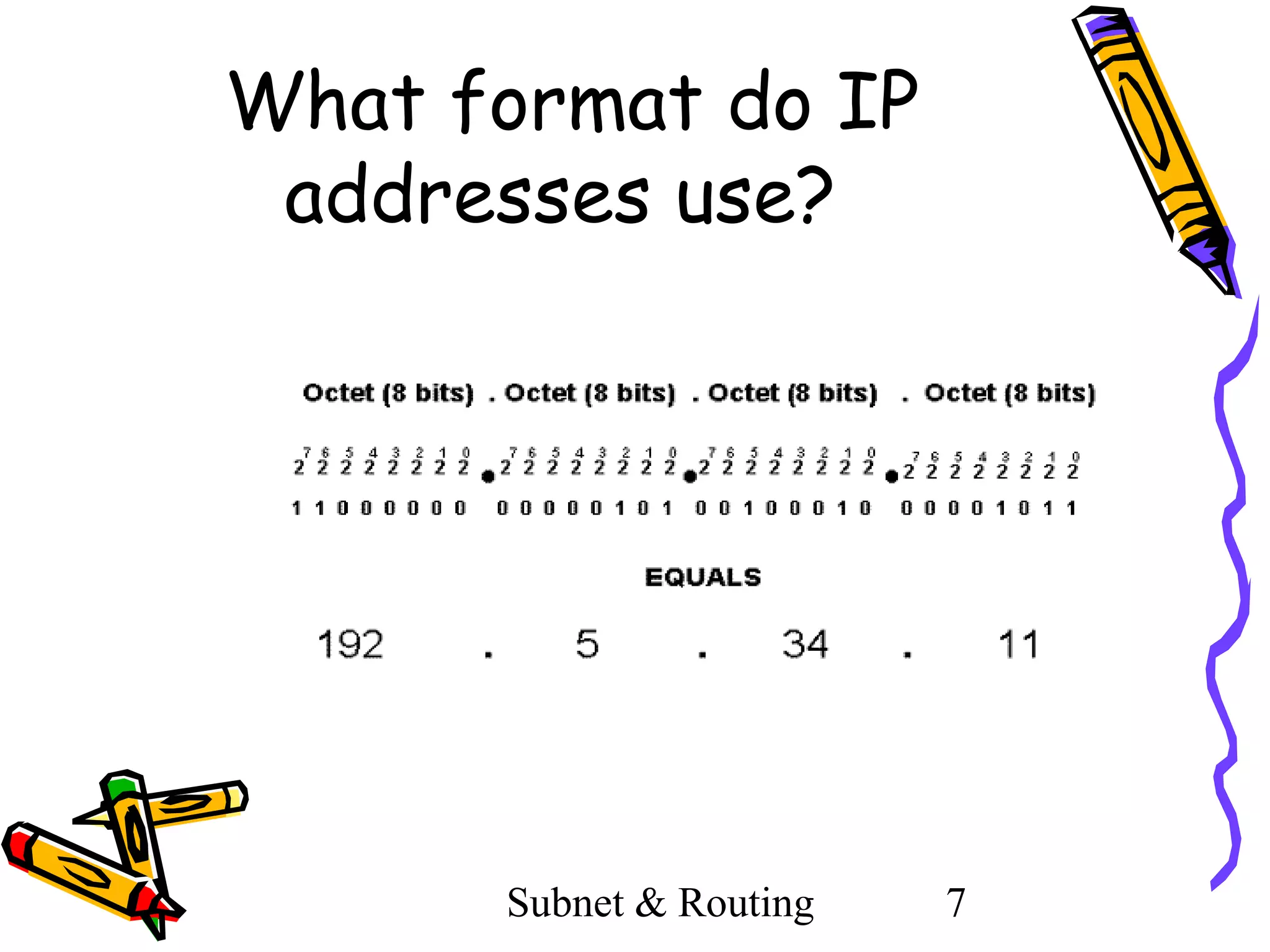What format do IP
addresses use?

Subnet & Routing

7

 