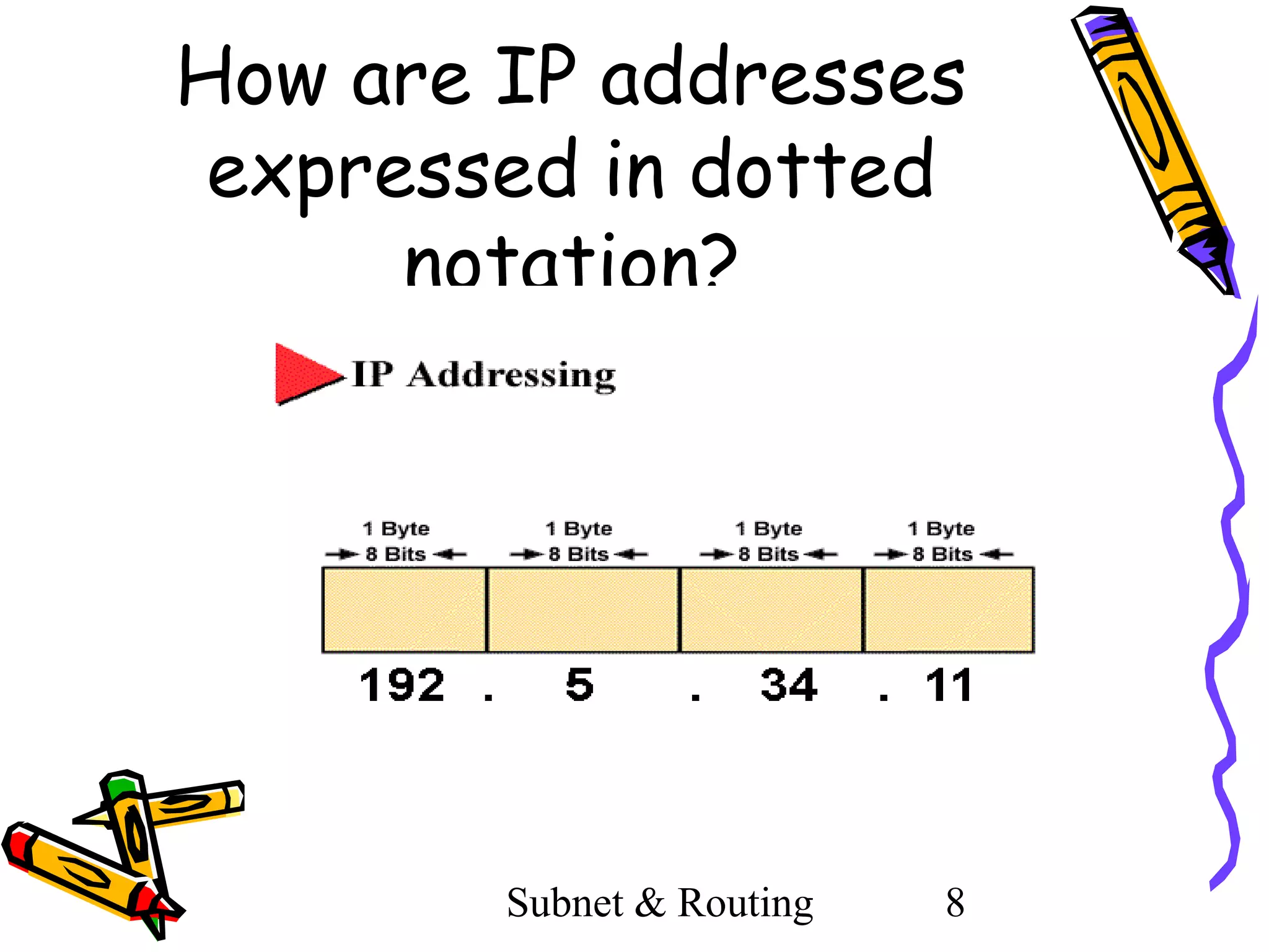 How are IP addresses
expressed in dotted
notation?

Subnet & Routing

8

 