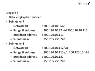 Kelas C
Langkah 5
• Data lengkap tiap subnet:
• Subnet ke-7
– Network ID : 200.120.10.96/28
– Range IP Address : 200.120.10.97 s/d 200.120.10.110
– Broadcast address : 200.120.10.111
– Subnetmask : 255.255.255.240
• Subnet ke-8
– Network ID : 200.120.10.112/28
– Range IP Address : 200.120.10.113 s/d 200.120.10.126
– Broadcast address : 200.120.10.127
– Subnetmask : 255.255.255.240
 