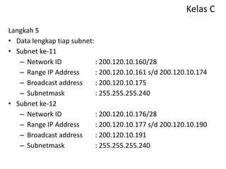 Kelas C
Langkah 5
• Data lengkap tiap subnet:
• Subnet ke-11
– Network ID : 200.120.10.160/28
– Range IP Address : 200.120.10.161 s/d 200.120.10.174
– Broadcast address : 200.120.10.175
– Subnetmask : 255.255.255.240
• Subnet ke-12
– Network ID : 200.120.10.176/28
– Range IP Address : 200.120.10.177 s/d 200.120.10.190
– Broadcast address : 200.120.10.191
– Subnetmask : 255.255.255.240
 