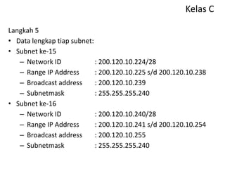 Kelas C
Langkah 5
• Data lengkap tiap subnet:
• Subnet ke-15
– Network ID : 200.120.10.224/28
– Range IP Address : 200.120.10.225 s/d 200.120.10.238
– Broadcast address : 200.120.10.239
– Subnetmask : 255.255.255.240
• Subnet ke-16
– Network ID : 200.120.10.240/28
– Range IP Address : 200.120.10.241 s/d 200.120.10.254
– Broadcast address : 200.120.10.255
– Subnetmask : 255.255.255.240
 