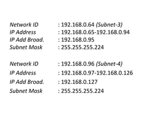 Network ID : 192.168.0.64 (Subnet-3)
IP Address : 192.168.0.65-192.168.0.94
IP Add Broad. : 192.168.0.95
Subnet Mask : 255.255.255.224
Network ID : 192.168.0.96 (Subnet-4)
IP Address : 192.168.0.97-192.168.0.126
IP Add Broad. : 192.168.0.127
Subnet Mask : 255.255.255.224
 