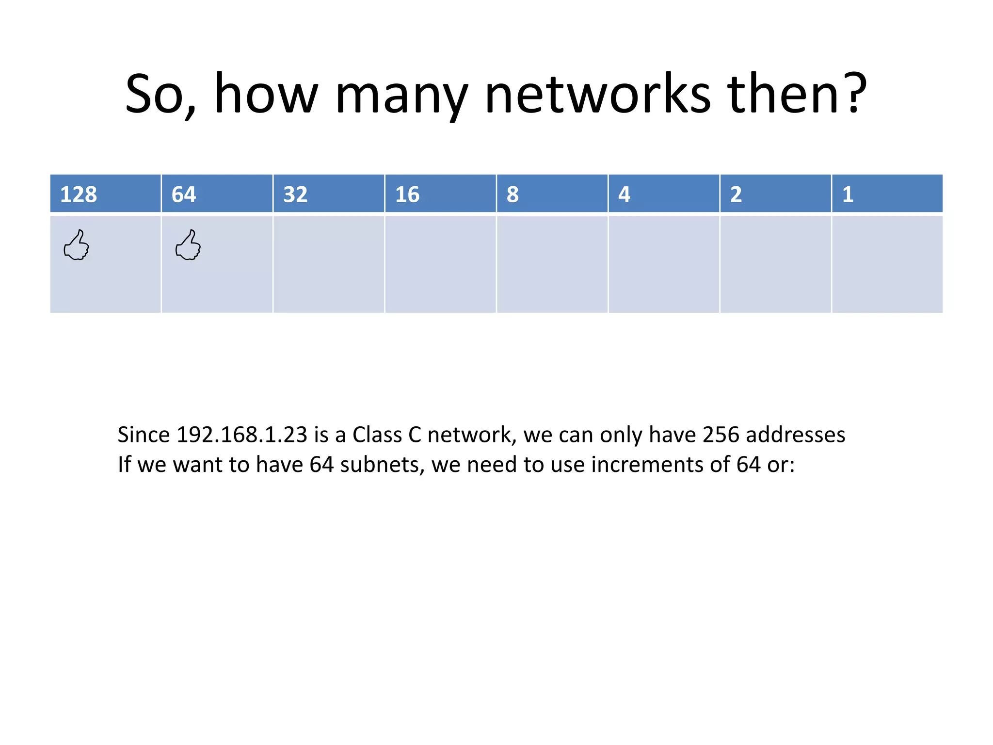So, how many networks then?
128        64         32         16        8          4          2          1

          


      Since 192.168.1.23 is a Class C network, we can only have 256 addresses
      If we want to have 64 subnets, we need to use increments of 64 or:
 