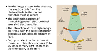 • For the image pattern to be accurate,
the electron path from the
photocathode to the output
phosphor must be precise.
• The engineering aspects of
maintaining proper electron travel
are called electron optics.
• The interaction of these high-energy
electrons with the output phosphor
produces a considerable amount of
light.
• Each photoelectron that arrives at
the output phosphor produces 50 to
75 times as many light photons as
were necessary to create it.
 