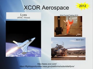 2012
        XCOR Aerospace
   Lynx                                         Wind Tunnel Testing 2010
(HTHL / Piloted)




                                                                     March 2011




                       http://www.xcor.com/
  https://flightopportunities.nasa.gov/platforms/suborbital/lynx/
 