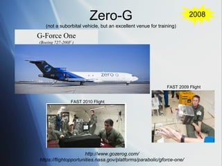Zero-G                                         2008
   (not a suborbital vehicle, but an excellent venue for training)

G-Force One
(Boeing 727-200F )




                                                             FAST 2009 Flight


                FAST 2010 Flight




                      http://www.gozerog.com/
https://flightopportunities.nasa.gov/platforms/parabolic/gforce-one/
 