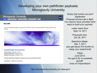 Developing your own pathfinder payloads:
         Microgravity University
                                              Yearly Call comes out each
                                                      September
                                             Proposal winners get a flight.
                                            You need to have provided other
                                              ways to build your payload.
                                                      Letter Intent Due:
                                                       Sept 14, 2011
                                                      Proposals Due:
                                                       Oct 26, 2011
                                                   Selections Made:
                                                      Dec 7, 2011
                                              (you get about 4-6 months to
                                                 ready your experiment)
                                                          Flight:
                                                       June 2012
                                                You get to fly on parabolic
                                                         aircraft
                                                  (max of 5 flyers/team)

        http://microgravityuniversity.jsc.nasa.gov/
 