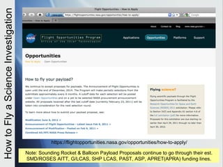How to Fly a Science Investigation




                                                https://flightopportunities.nasa.gov/opportunities/how-to-apply/

                                     Note: Sounding Rocket & Balloon Payload Proposals continue to go through their est.
                                     SMD/ROSES AITT, G/LCAS, SHP LCAS, PAST, ASP, APRET(APRA) funding lines.
 