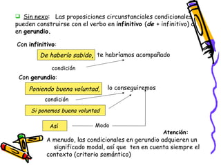 Sin nexo :  Las proposiciones circunstanciales condicionales pueden construirse con el verbo en  infinitivo  ( de  + infinitivo) o en  gerundio.  Con  infinitivo : De haberlo sabido , te habríamos acompañado condición Con  gerundio : Poniendo buena voluntad, lo conseguiremos condición A  menudo, las condicionales en gerundio adquieren un  significado modal, así que  ten en cuenta siempre el contexto (criterio semántico) Atención: Si ponemos buena voluntad Así  Modo 