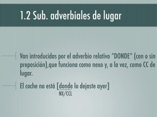1.2 Sub. adverbiales de lugar


Van introducidas por el adverbio relativo “DONDE” (con o sin
preposición),que funciona como nexo y, a la vez, como CC de
lugar.
El coche no está [donde lo dejaste ayer]
                 NX/CCL
 